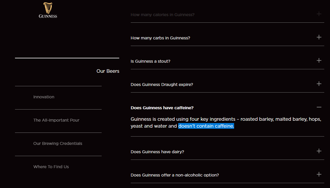 Guinness website about caffeine in Guinness Nitro Cold Brew